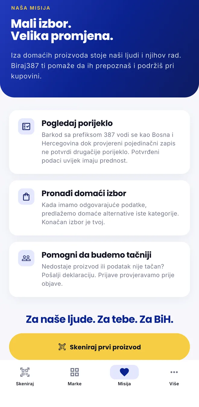 Ekran „Naša misija“ u aplikaciji Biraj387