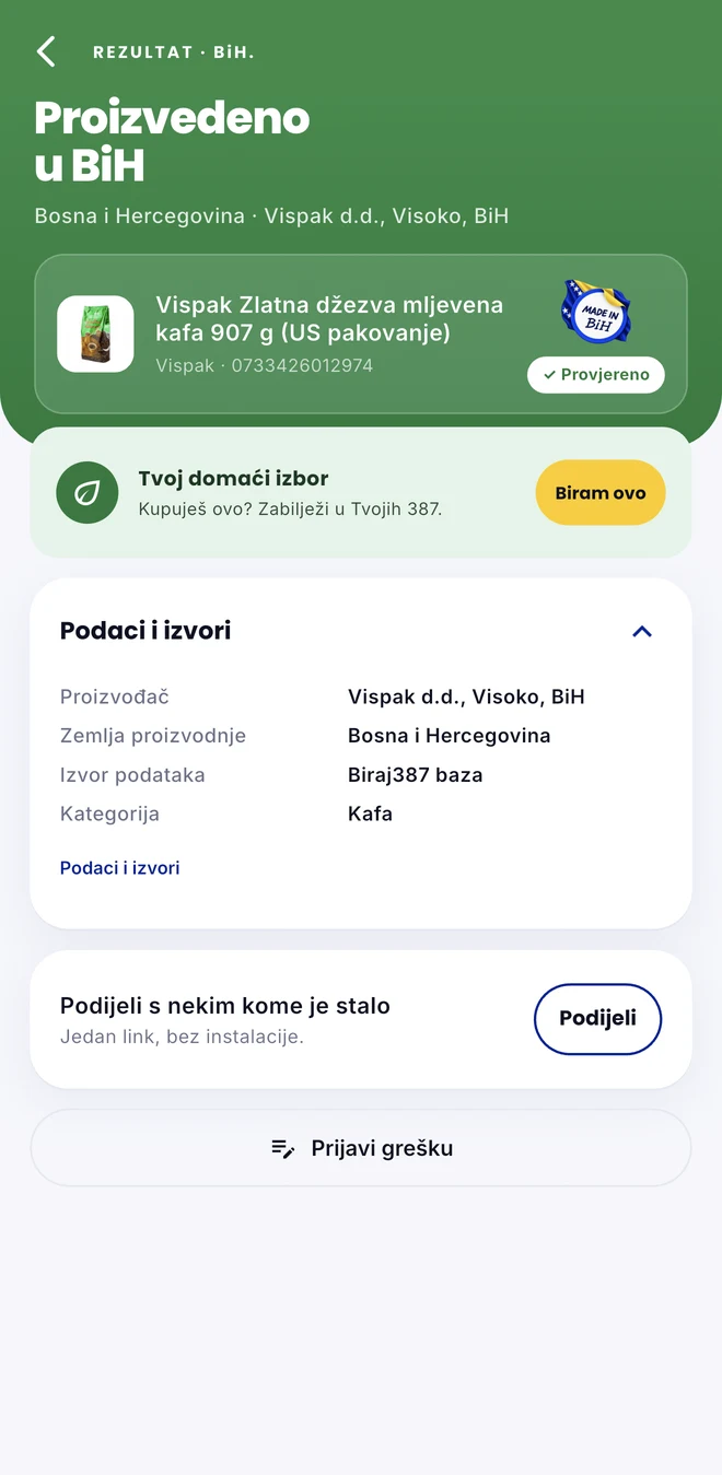 Rezultat u aplikaciji: proizvedeno u BiH