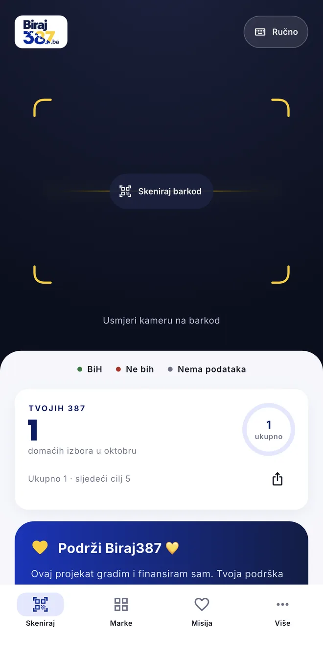 Biraj387 aplikacija: skener barkoda